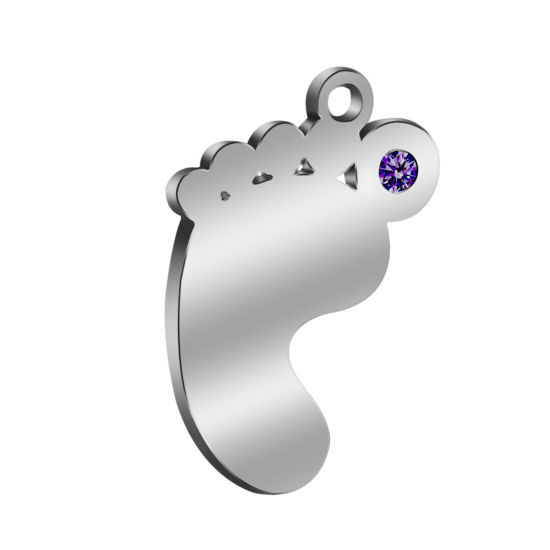 304ステンレス鋼 誕生石 チャーム 足 シルバートーン 二月 紫  ラインストーン 21mm x 14mm、 1 個 の画像