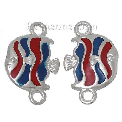 Immagine di Gioielli Oceano Lega di Zinco  Connettore Accessori Pesci tropicali Tono Argento Rosso Smalto 24mm x 15mm, 10 Pz