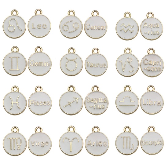 Immagine di Lega di Zinco Charms Tondo Oro Placcato Bianco Costellazione Smalto 12mm Dia, 1 Serie ( 12 Pz/Serie)