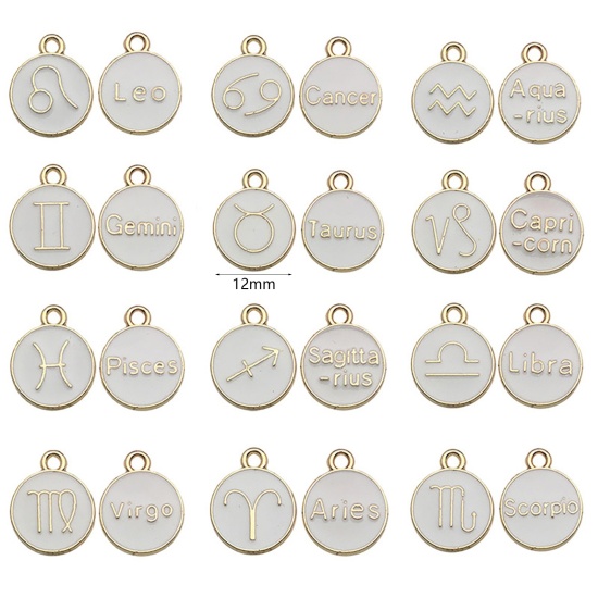 Immagine di Lega di Zinco Charms Tondo Oro Placcato Bianco Costellazione Smalto 12mm Dia, 1 Serie ( 12 Pz/Serie)