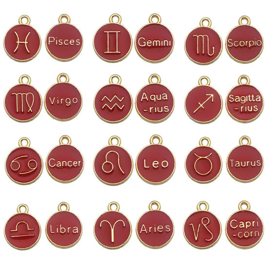 Immagine di Lega di Zinco Charms Tondo Oro Placcato Rosso Costellazione Smalto 12mm Dia, 1 Serie ( 12 Pz/Serie)