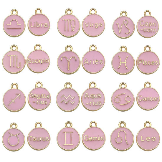 Immagine di Lega di Zinco Charms Tondo Oro Placcato Rosa Costellazione Smalto 12mm Dia, 1 Serie ( 12 Pz/Serie)