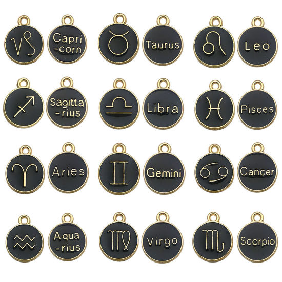 Immagine di Lega di Zinco Charms Tondo Oro Placcato Nero Costellazione Smalto 12mm Dia, 1 Serie ( 12 Pz/Serie)