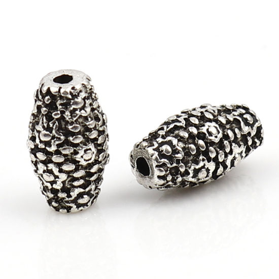 Immagine di Lega di Zinco Perline Barile Argento Antico Fiore Scolpisce Circa 11mm x 6mm, Foro:Circa 1.2mm, 20 Pz