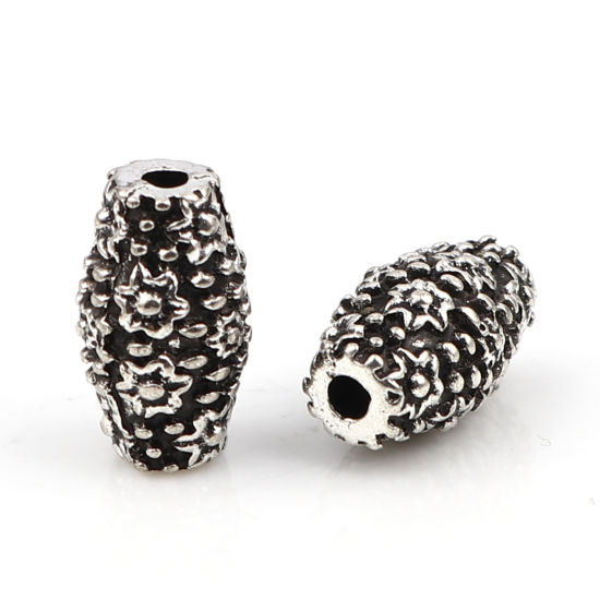 Immagine di Lega di Zinco Perline Barile Argento Antico Fiore Scolpisce Circa 13mm x 8mm, Foro:Circa 2mm, 10 Pz