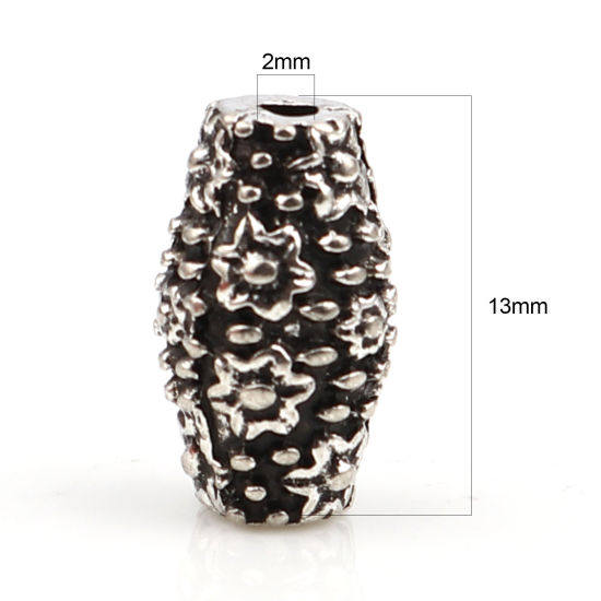 Immagine di Lega di Zinco Perline Barile Argento Antico Fiore Scolpisce Circa 13mm x 8mm, Foro:Circa 2mm, 10 Pz
