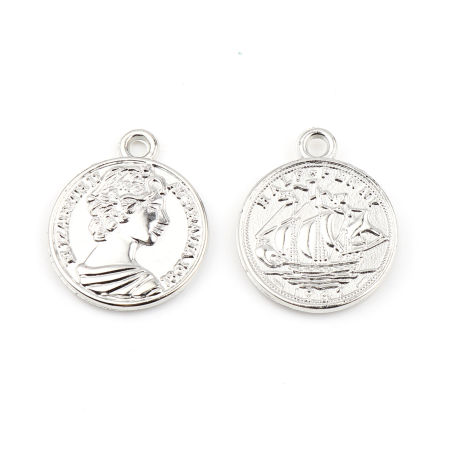 Picture of Acrylic Charms Coin Human Head Silver Color Sailing Boat 20mm x 16mm, 100 PCs
