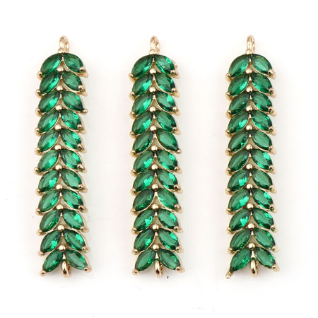 Picture of 1 Piece Brass & Glass Connectors Charms Pendants Wholesale 18K Real Gold Plated Green Marquise 41mm x 9mm
