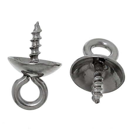 Picture of 304 Stainless Steel Pearl Pendant Connector Bail Pin Cup Cap Silver Tone (Needle Thickness: 1.3mm) 10mm( 3/8") x 6mm( 2/8"), 20 PCs