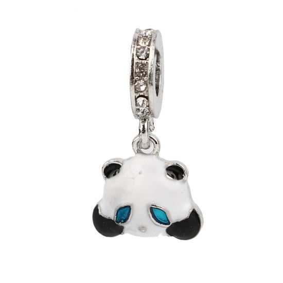 Picture of Zinc Based Alloy Large Hole Charm Dangle Beads Silver Tone Black & White Panda Animal Enamel Clear Rhinestone 24mm x 13mm, Hole: Approx 5.1mm, 3 PCs