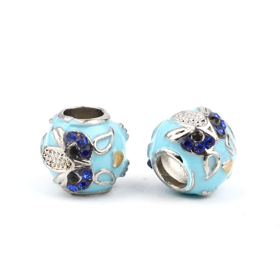 Picture of Zinc Based Alloy Large Hole Charm Beads Silver Tone Blue Round Owl Enamel Dark Blue Rhinestone 10mm Dia., Hole: Approx 4.5mm, 3 PCs