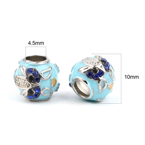 Picture of Zinc Based Alloy Large Hole Charm Beads Silver Tone Blue Round Owl Enamel Dark Blue Rhinestone 10mm Dia., Hole: Approx 4.5mm, 3 PCs