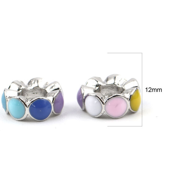 Picture of Zinc Based Alloy Large Hole Charm Beads Silver Tone Multicolor Round Circle Enamel 12mm Dia., Hole: Approx 5.3mm, 3 PCs