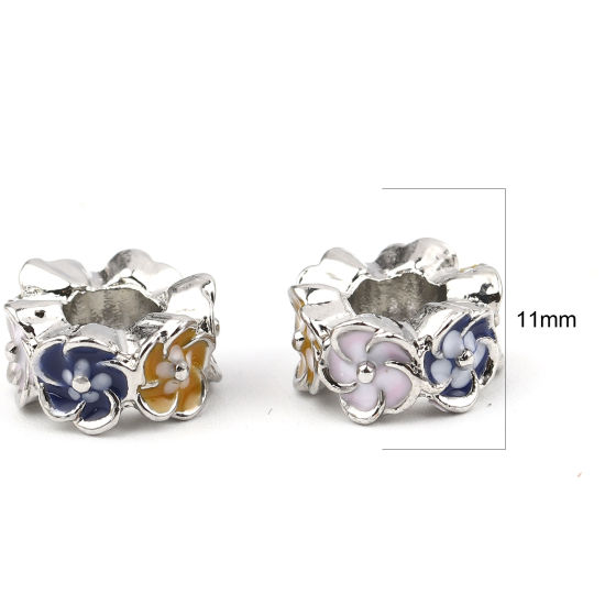 Picture of Zinc Based Alloy Large Hole Charm Beads Silver Tone Multicolor Round Flower Enamel 11mm Dia., Hole: Approx 5.3mm, 3 PCs
