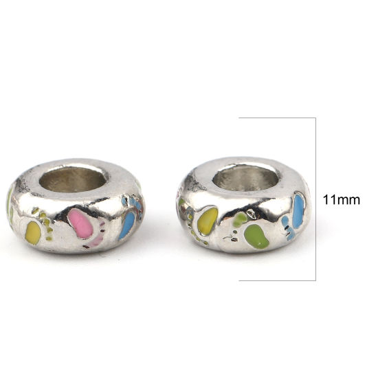Picture of Zinc Based Alloy Large Hole Charm Beads Silver Tone Multicolor Round Feet Enamel 11mm Dia., Hole: Approx 5.3mm, 3 PCs