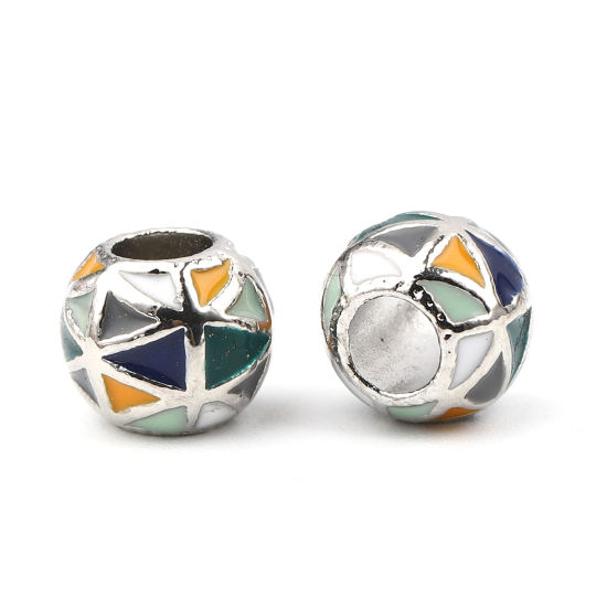 Picture of Zinc Based Alloy Large Hole Charm Beads Silver Tone Multicolor Round Triangle Enamel 11mm Dia., Hole: Approx 5.1mm, 3 PCs