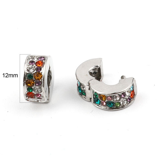 Picture of Zinc Based Alloy Ear Clips Earrings Silver Tone Round Multicolor Rhinestone 12mm Dia., 2 PCs