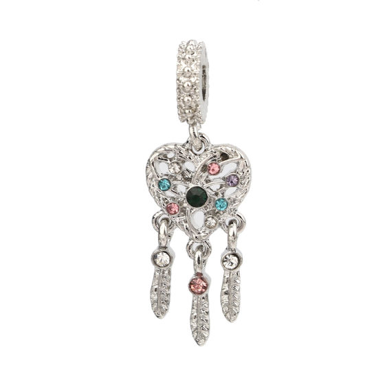 Picture of Zinc Based Alloy Large Hole Charm Dangle Beads Silver Tone Dream Catcher Heart Multicolor Rhinestone 37mm x 13mm, Hole: Approx 4.6mm, 3 PCs