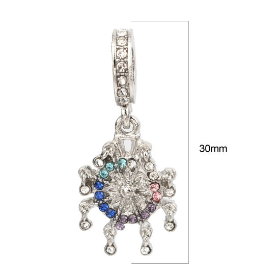 Picture of Zinc Based Alloy Large Hole Charm Dangle Beads Silver Tone Dream Catcher Multicolor Rhinestone 30mm x 13mm, Hole: Approx 5.2mm, 3 PCs