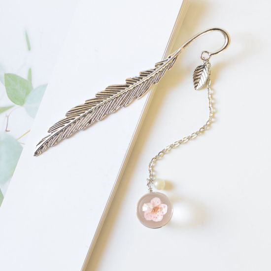 Picture of Resin Handmade Resin Jewelry Real Flower Bookmark Feather Antique Silver Color Pink Peach Blossom Flower 12cm x 2cm, 1 Piece