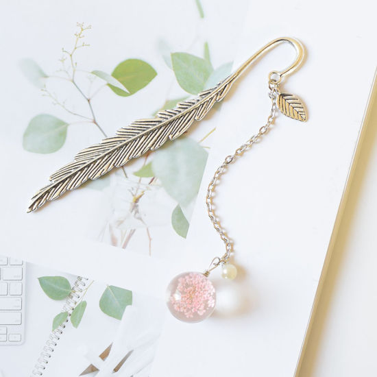 Picture of Resin Handmade Resin Jewelry Real Flower Bookmark Gypsophila Antique Silver Color Pink Feather 12cm x 2cm, 1 Piece