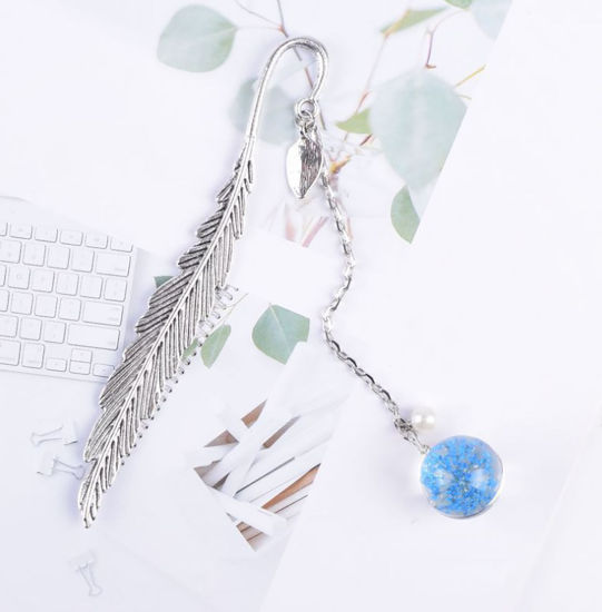 Picture of Resin Handmade Resin Jewelry Real Flower Bookmark Gypsophila Antique Silver Color Lake Blue Feather 12cm x 2cm, 1 Piece