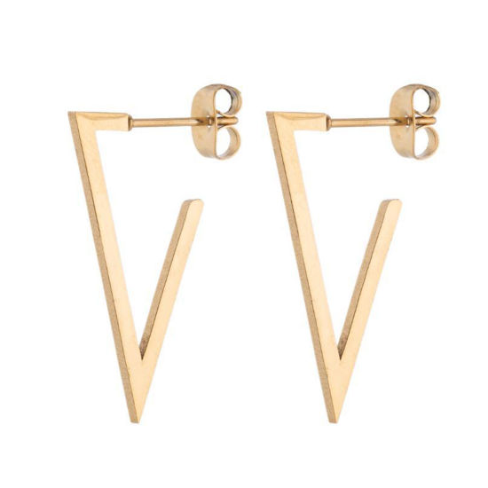 Picture of Stainless Steel Ear Post Stud Earrings Gold Plated Triangle 30mm x 20mm, 1 Pair