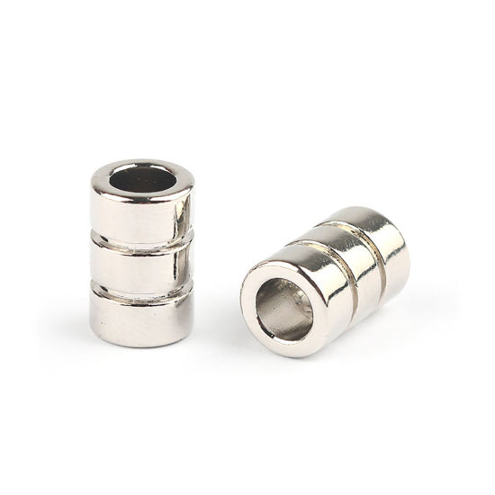 Picture of Zinc Based Alloy Clothing Rope Buckle Stopper Cylinder Stripe Matt Silver Color 12mm, 10 PCs