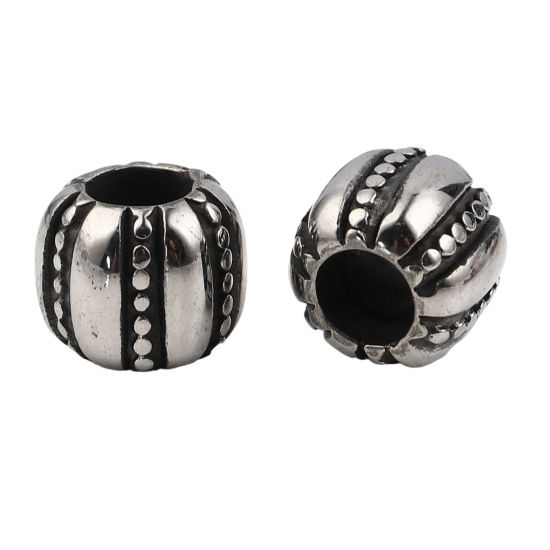 ステンレス鋼 ビーズ 円筒形 銀古美 彫刻 縞模様 12mm x 10mm、 穴：約 5.9mm、 1 個 の画像
