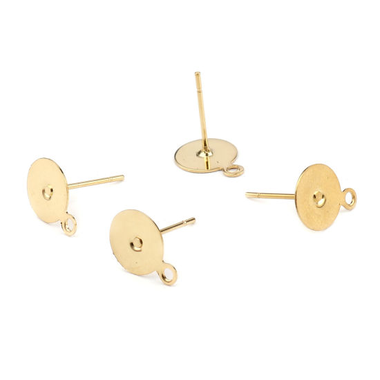 Immagine di 20 Pz 304 Acciaio Inossidabile Orecchino a Bottone per Orecchio con Accessori per Connettori ad Anello Tondo Oro Placcato Può Essere Incollato (Adatti 8mm) 11mm x 8mm, Posta/Filo Dimensione: 0.7mm(21 misura)