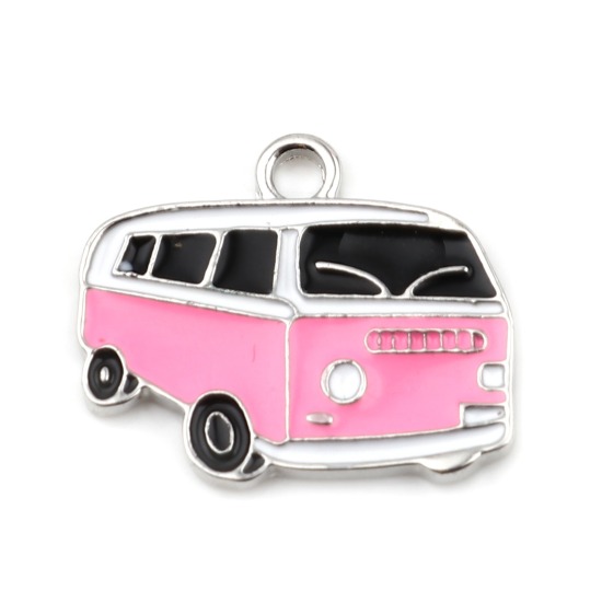 Bild von Zinklegierung Charms Bus Silberfarbe Rosa Emaille 24mm x 20mm, 5 Stück