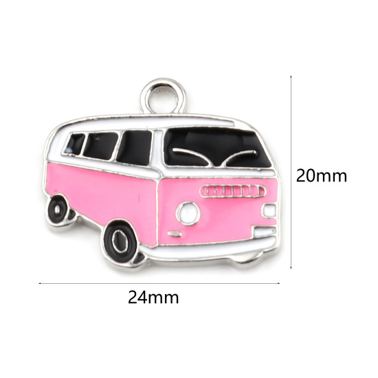 Bild von Zinklegierung Charms Bus Silberfarbe Rosa Emaille 24mm x 20mm, 5 Stück
