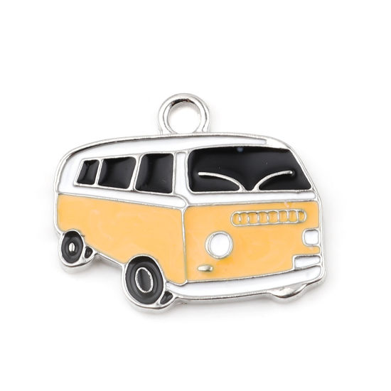 Bild von Zinklegierung Charms Bus Silberfarbe Orange Emaille 24mm x 20mm, 5 Stück