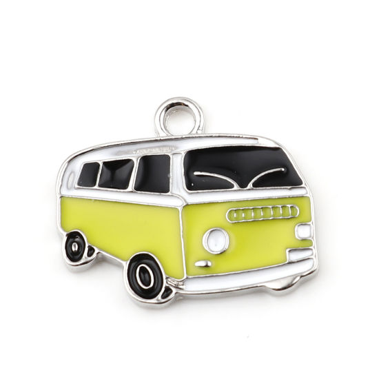 Bild von Zinklegierung Charms Bus Silberfarbe Gelb Emaille 24mm x 20mm, 5 Stück