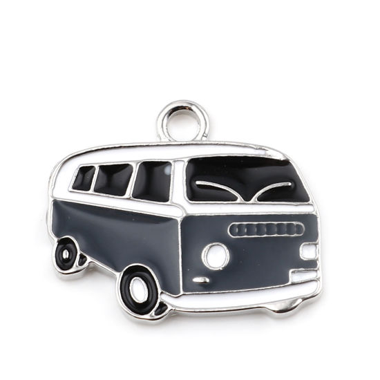 Bild von Zinklegierung Charms Bus Silberfarbe Schwarz & Grau Emaille 24mm x 20mm, 5 Stück