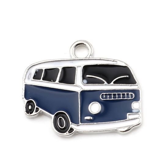 Bild von Zinklegierung Charms Bus Silberfarbe Dunkelblau Emaille 24mm x 20mm, 5 Stück