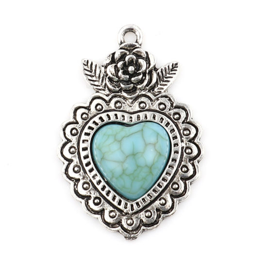 Picture of Zinc Based Alloy & Acrylic Boho Chic Bohemia Pendants Heart Antique Silver Color Green Blue Rose Flower Imitation Turquoise 37mm x 26mm, 5 PCs