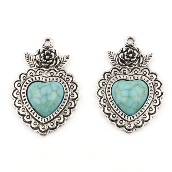 Picture of Zinc Based Alloy & Acrylic Boho Chic Bohemia Pendants Heart Antique Silver Color Green Blue Rose Flower Imitation Turquoise 37mm x 26mm, 5 PCs