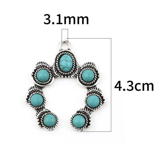 Picture of Zinc Based Alloy & Acrylic Boho Chic Bohemia Pendants Irregular Antique Silver Color Green Blue Imitation Turquoise 43mm x 36mm, 2 PCs