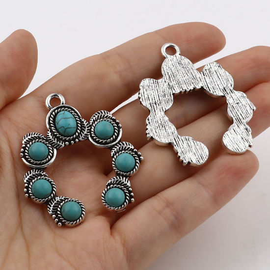 Picture of Zinc Based Alloy & Acrylic Boho Chic Bohemia Pendants Irregular Antique Silver Color Green Blue Imitation Turquoise 43mm x 36mm, 2 PCs