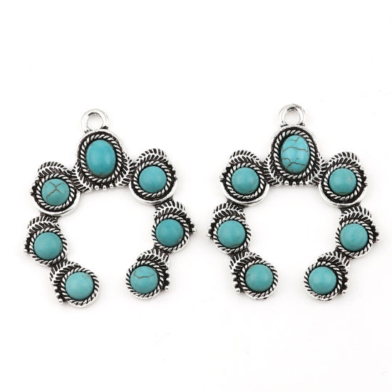 Picture of Zinc Based Alloy & Acrylic Boho Chic Bohemia Pendants Irregular Antique Silver Color Green Blue Imitation Turquoise 43mm x 36mm, 2 PCs