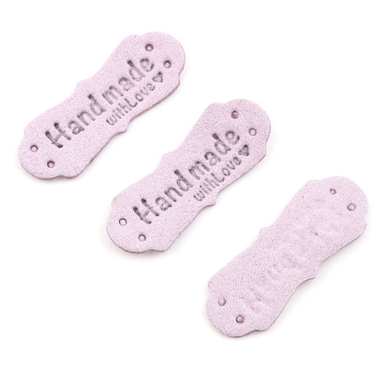 Imagen de PU Etiquetas Irregular Púrpura " Hand Made With Love " Ante 40mm x 15mm , 20 Unidades