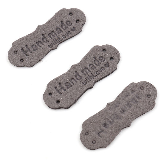 Imagen de PU Etiquetas Irregular Gris " Hand Made With Love " Ante 40mm x 15mm , 20 Unidades