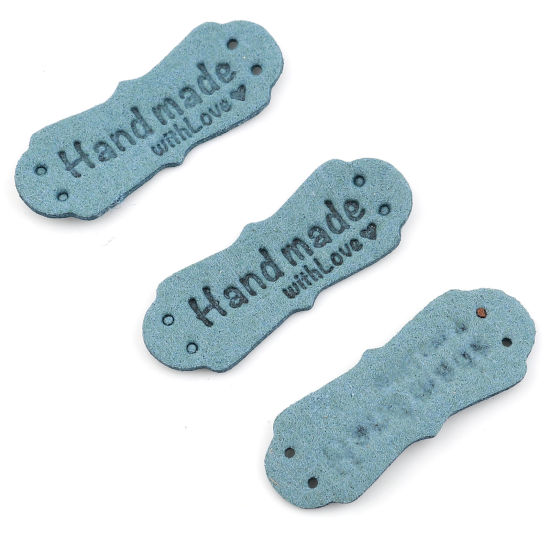Imagen de PU Etiquetas Irregular Azul " Hand Made With Love " Ante 40mm x 15mm , 20 Unidades