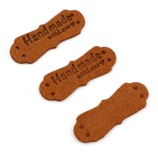 Imagen de PU Etiquetas Irregular Marrón " Hand Made With Love " Ante 40mm x 15mm , 20 Unidades
