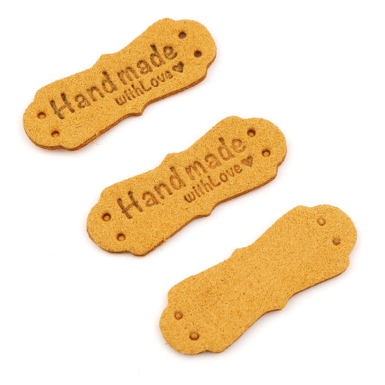 Imagen de PU Etiquetas Irregular Amarillo " Hand Made With Love " Ante 40mm x 15mm , 20 Unidades