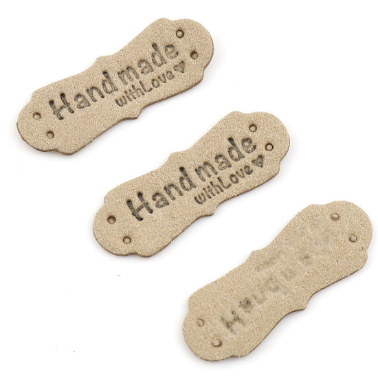 Imagen de PU Etiquetas Irregular Verde Salvia " Hand Made With Love " Ante 40mm x 15mm , 20 Unidades