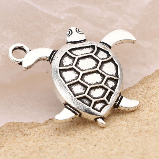 亜鉛合金 海ジュエリー チャーム 海亀 銀古美 23mm x 21mm、 30 個 の画像