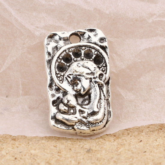 Imagen de Zamak Religión Colgantes Charms Rectángulo Plata Antigua Virgen María 17mm x 10mm, 30 Unidades