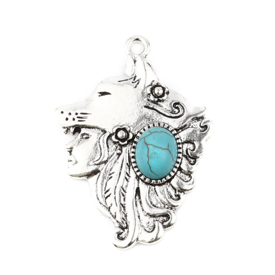 Bild von Zinklegierung Böhmischer Stil Anhänger Wolf Antiksilber Blau Imitat Howlith 43mm x 31mm, 5 Stück